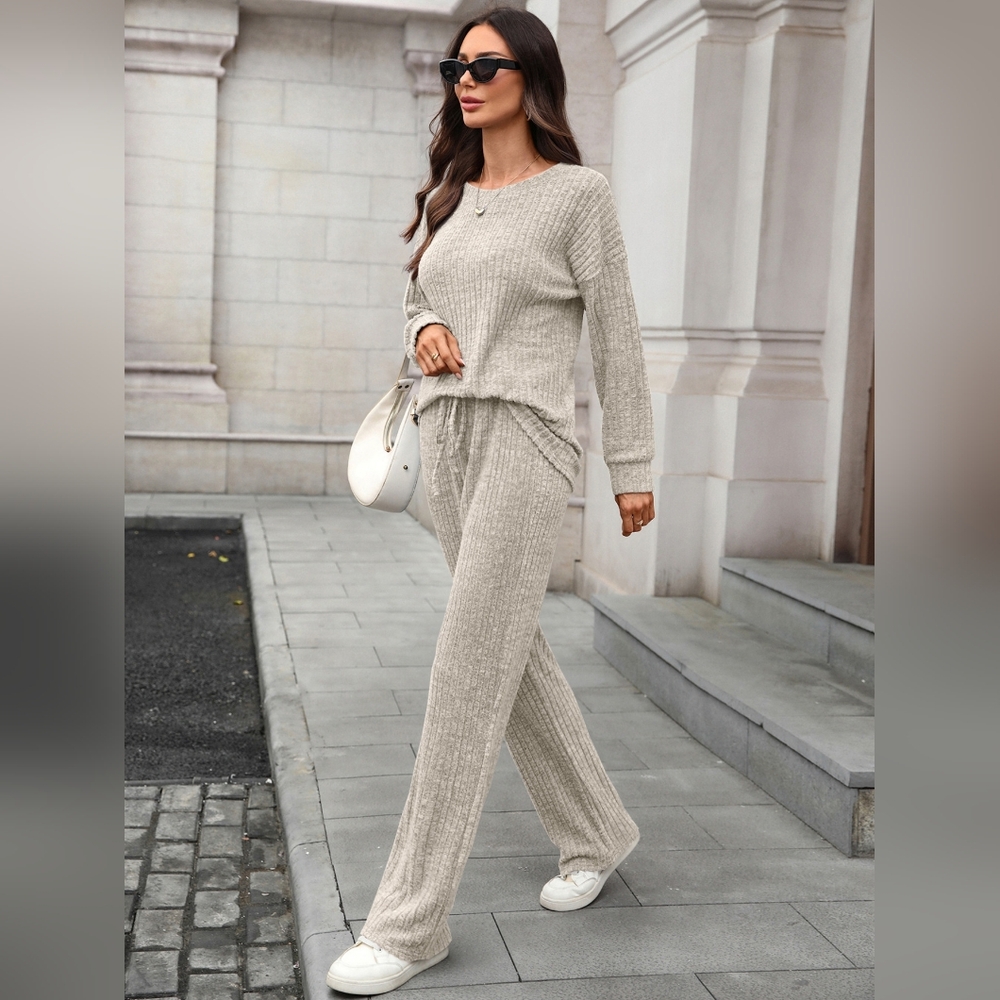Women's Full Size Ribbed Cream Wide Leg Pants & Top Set